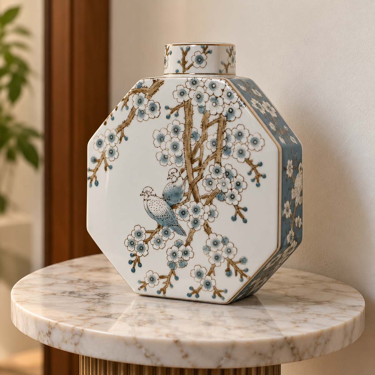 Grand Bluebird & Blossom Tree Ceramic Octagonal Flask Vase