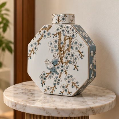 Grand Bluebird & Blossom Tree Ceramic Octagonal Flask Vase