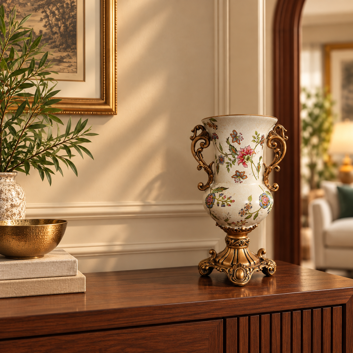 Ivory Floral Ceramic Urn Vase with Gold Scroll Handles & Pedestal