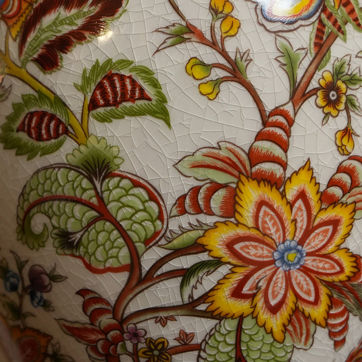 Ivory Jacobean Floral Ceramic Vase with Gold Scroll Handles & Pedestal