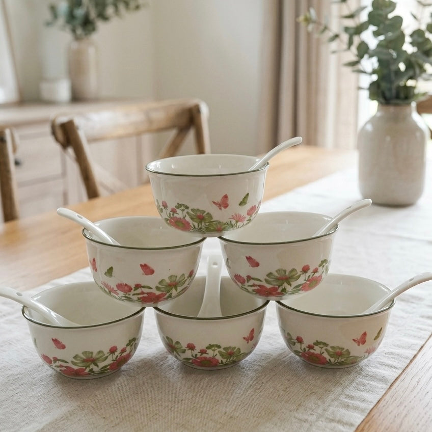Coral Wildflower Ceramic Soup Bowl Set with Spoons and Gift Box