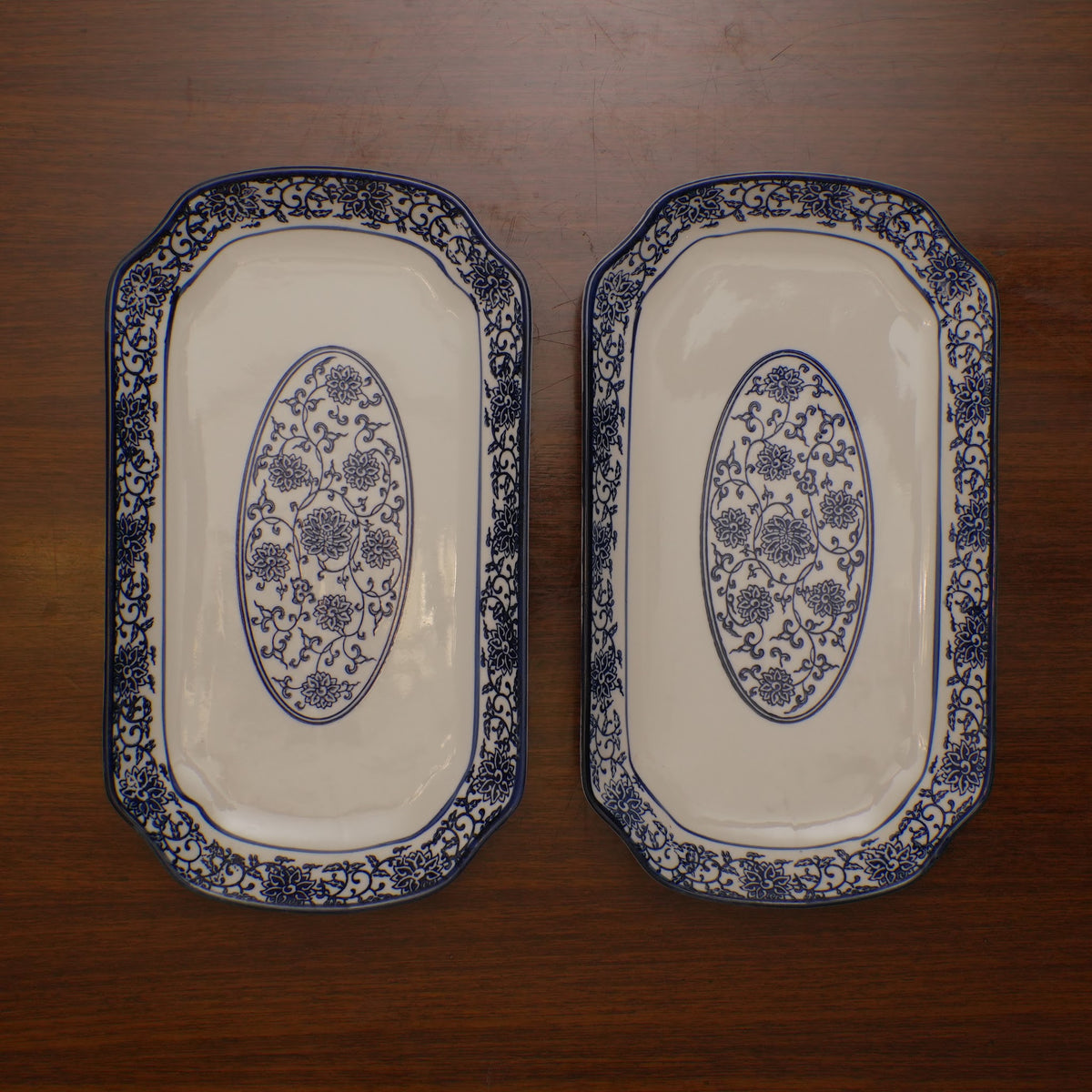 Blue Floral Ceramic Serveware - Rectangular Serving Platter (Medium) | Set of 2