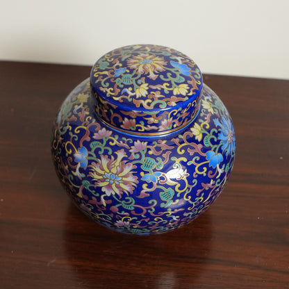 Cobalt Blue Enamel Floral Ceramic Round Lidded Jar