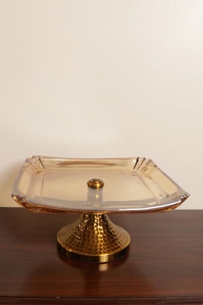 Amber Glass Square Pedestal Platter with Hammered Gold Stand