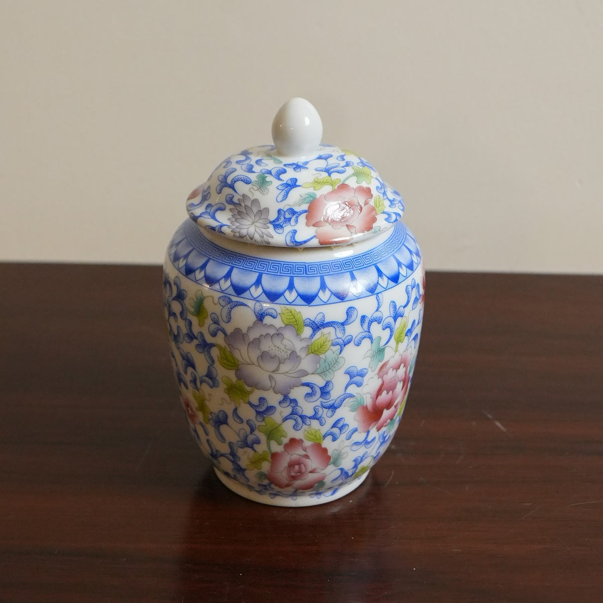 Pink Peony & Blue Scroll Ceramic Lidded Jar