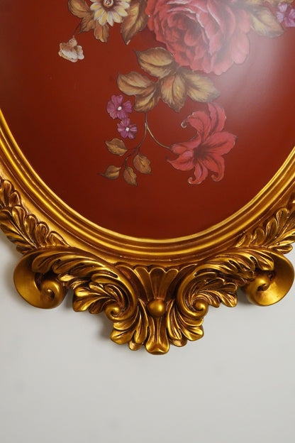 Burgundy Floral Oval Wall Plaque with Gold Baroque Frame