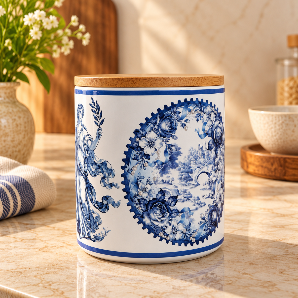 Blue Toile Ceramic Canister with Bamboo Lid