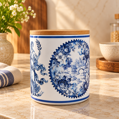 Blue Toile Ceramic Canister with Bamboo Lid