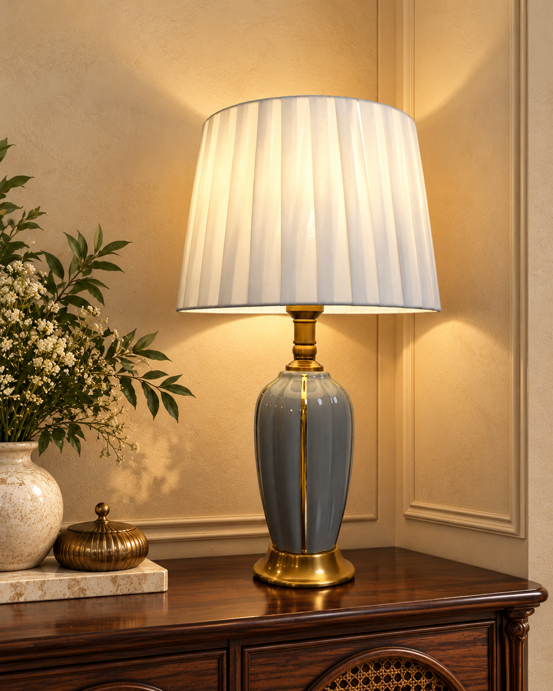 Grey Fluted Ceramic Table Lamp with Gold Accents