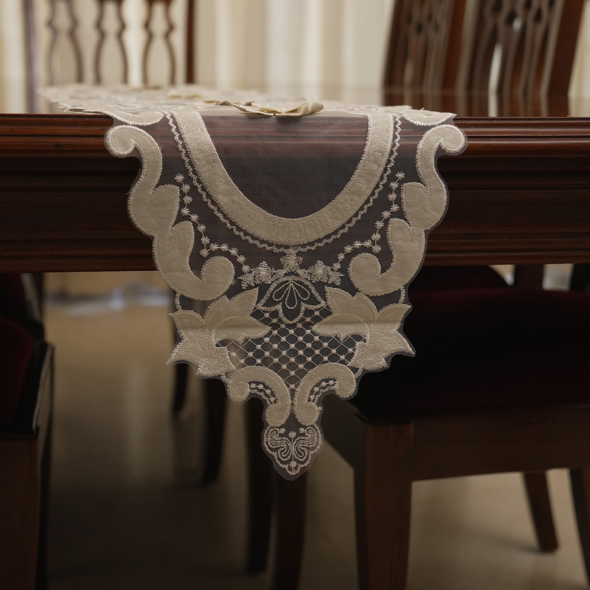 Ivory 3D Flower Oval Sheer Table Runner (Long)