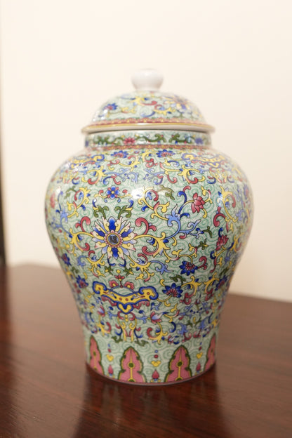 Mint Green Floral Scroll Ceramic Ginger Jar