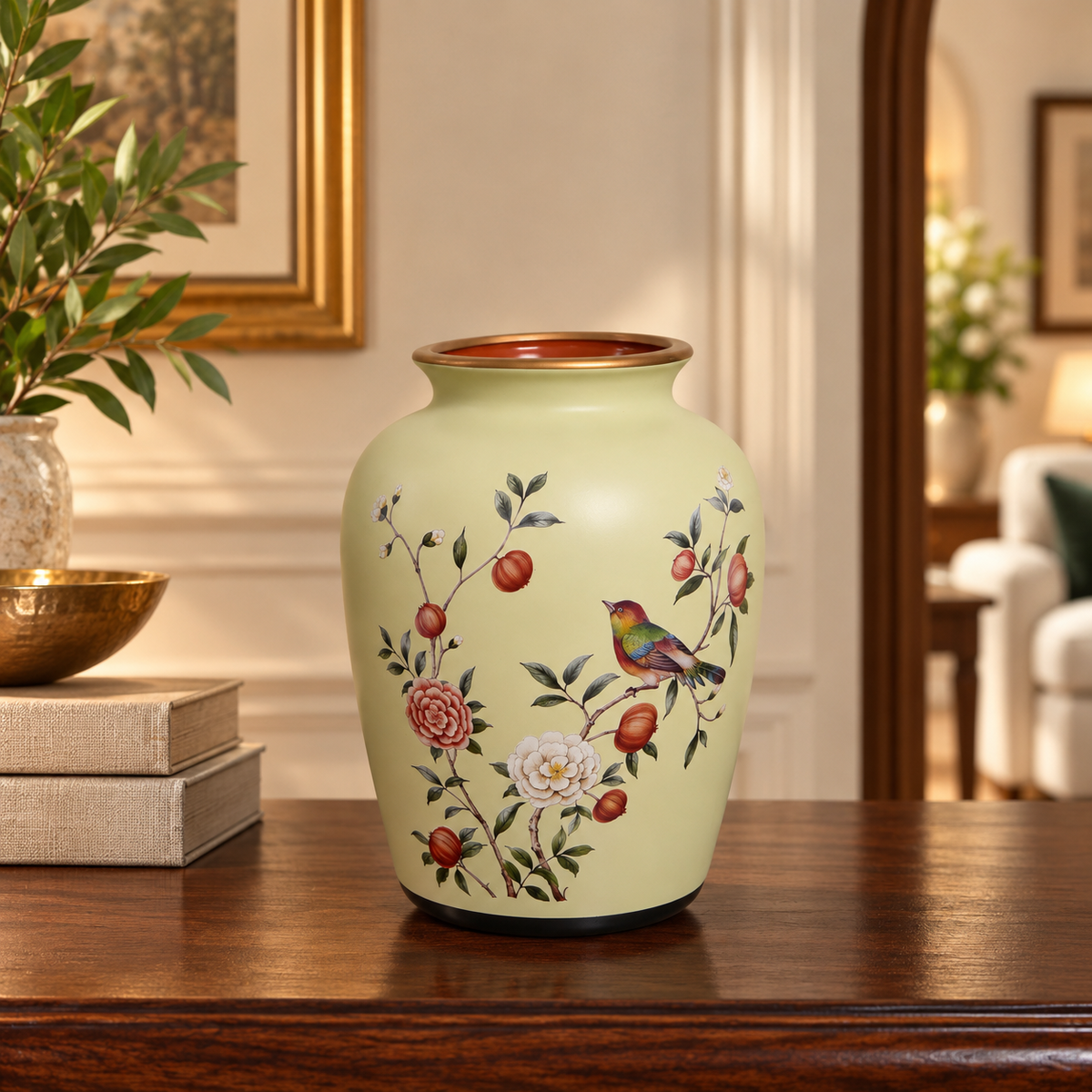 Cream Pomegranate & Bird Rounded Ceramic Vase