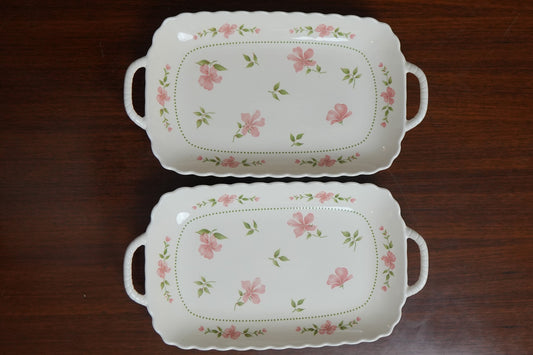 Blush Blossom Ceramic Rectangular Platter with Handles Set of 2
