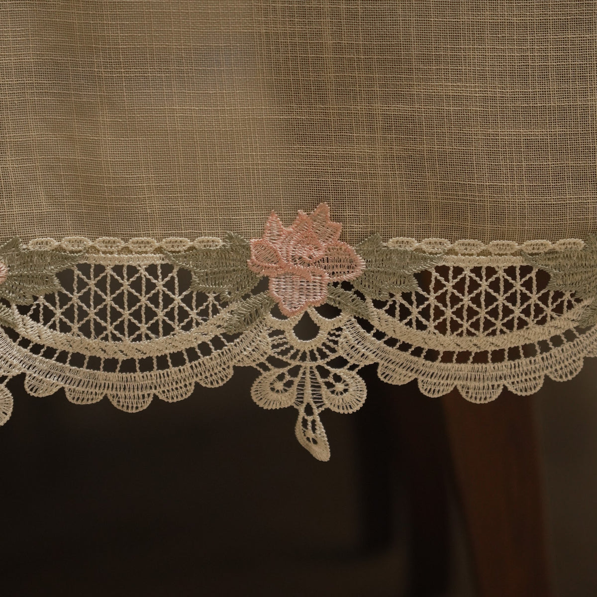 Close-up of the scalloped pink rose lace edge