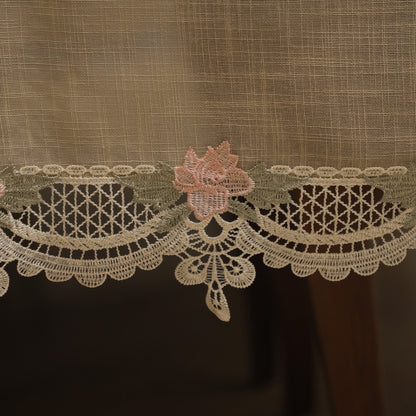 Close-up of the scalloped pink rose lace edge