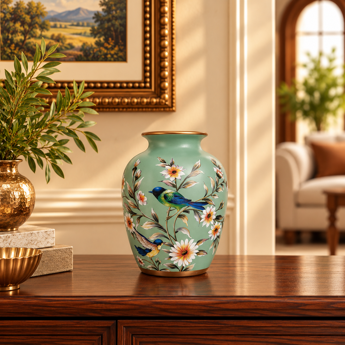 Sage Green Bird & Blossom Rounded Ceramic Vase