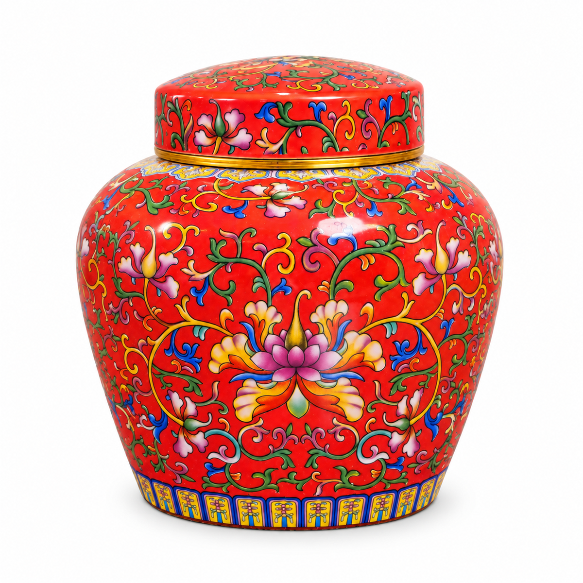 Coral Red Enamel Lotus Ceramic Lidded Jar