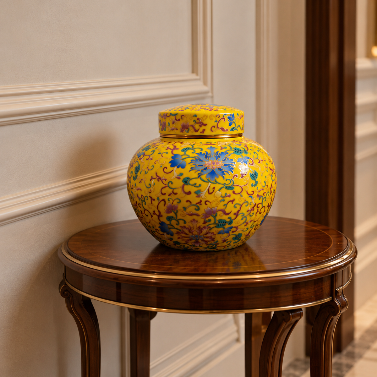 Imperial Yellow Enamel Floral Ceramic Round Lidded Jar