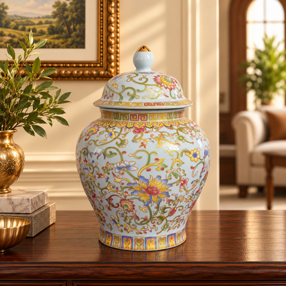 Ivory Lotus Ceramic Ginger Jar with Gold Greek Key