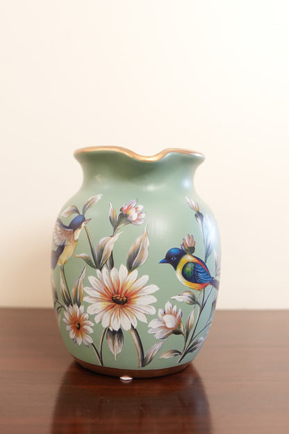 Sage Green Bird & Blossom Ceramic Jug