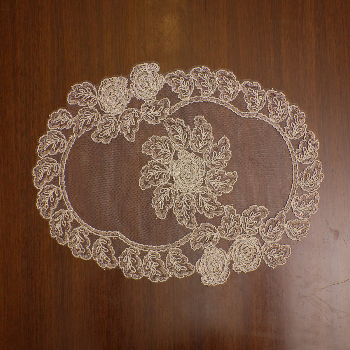 Beige Lace Rose Sheer Oval Table Mat (Set of 2)