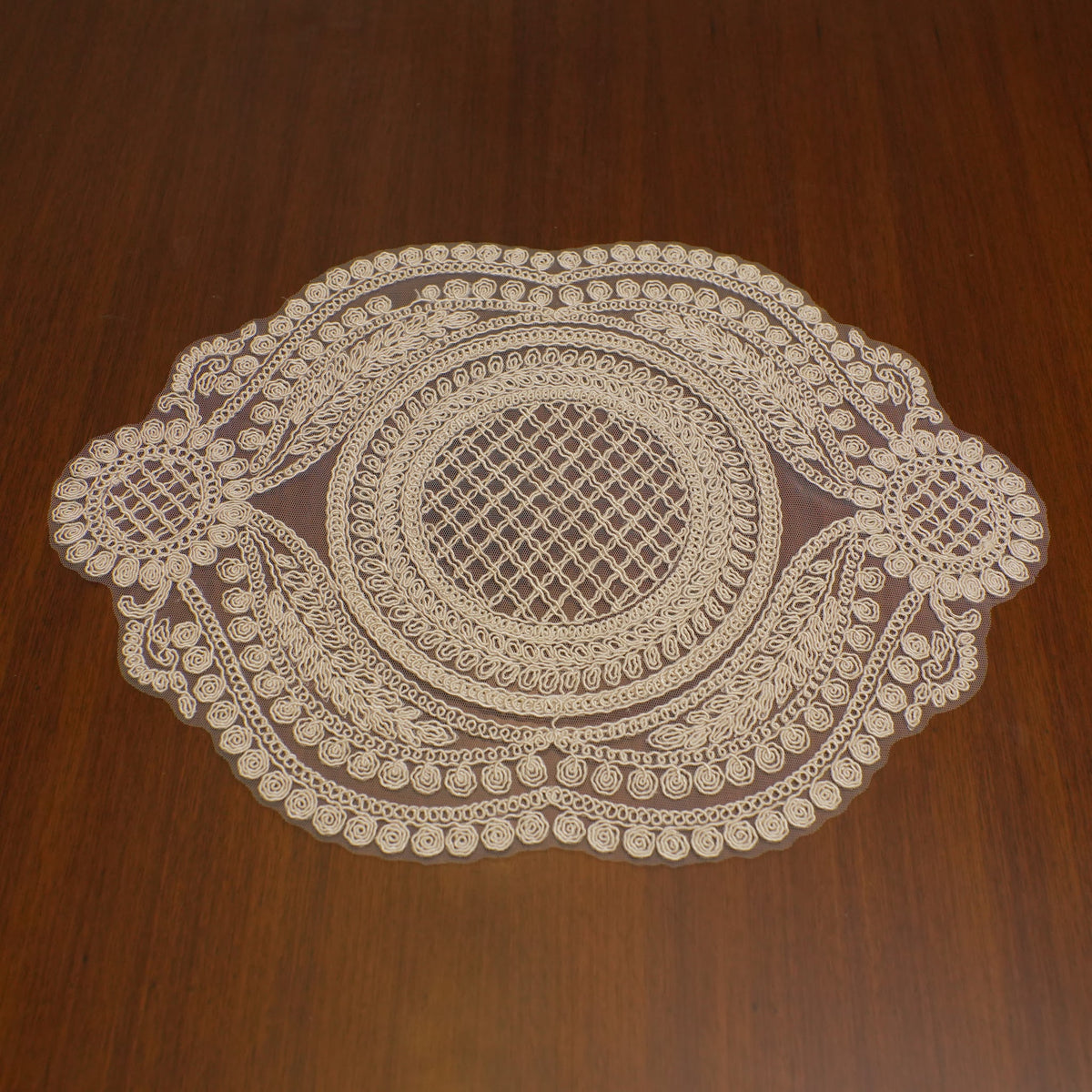 Beige Lattice Medallion Crochet Lace Oval Table Mat (Set of 2)