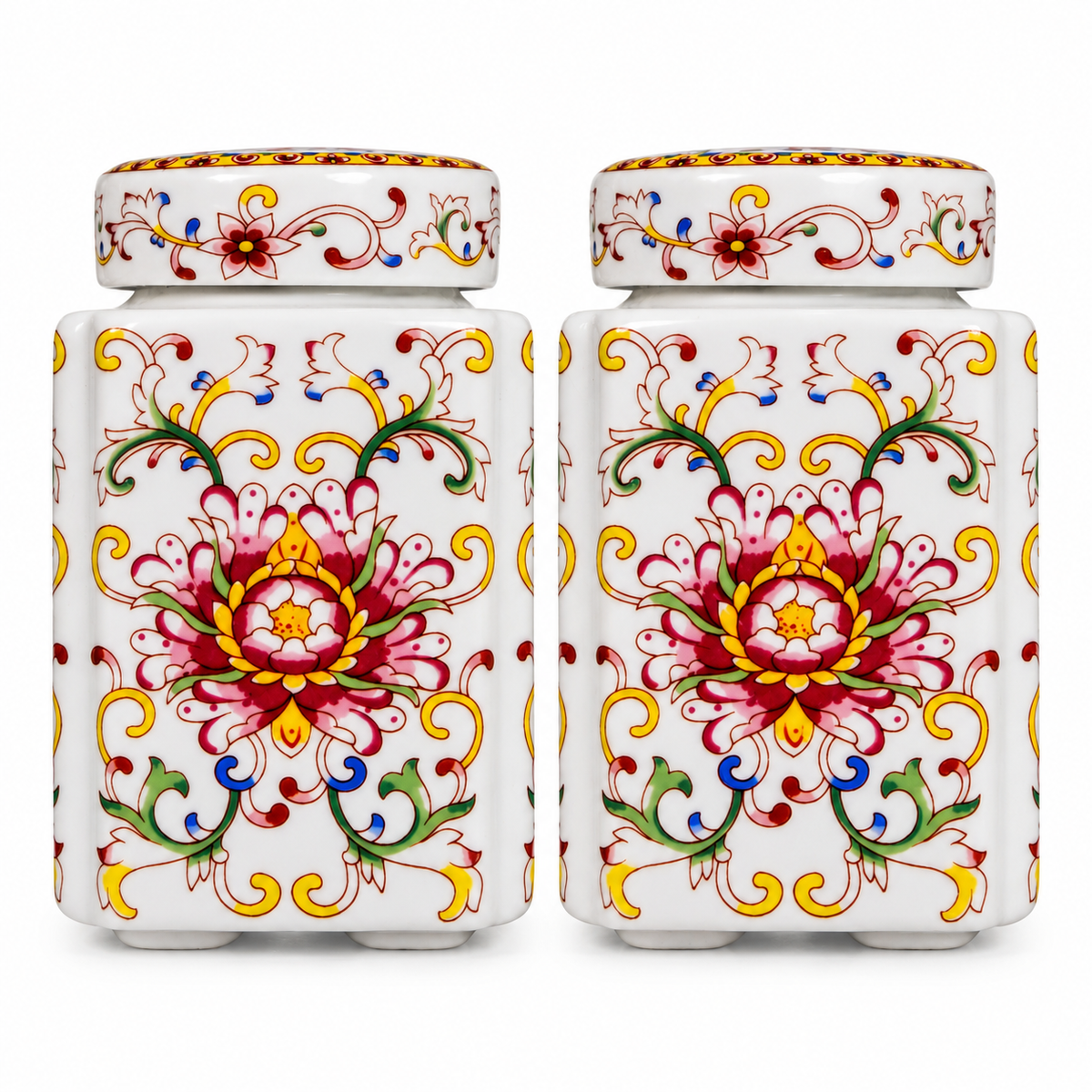 Famille Rose Lotus Ceramic Square Lidded Jar (Set of 2)