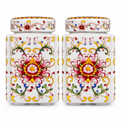 Famille Rose Lotus Ceramic Square Lidded Jar (Set of 2)