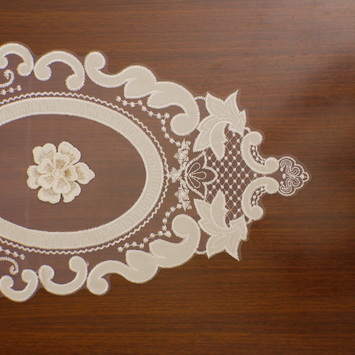 Ivory 3D Flower Oval Sheer Table Runner (Small)