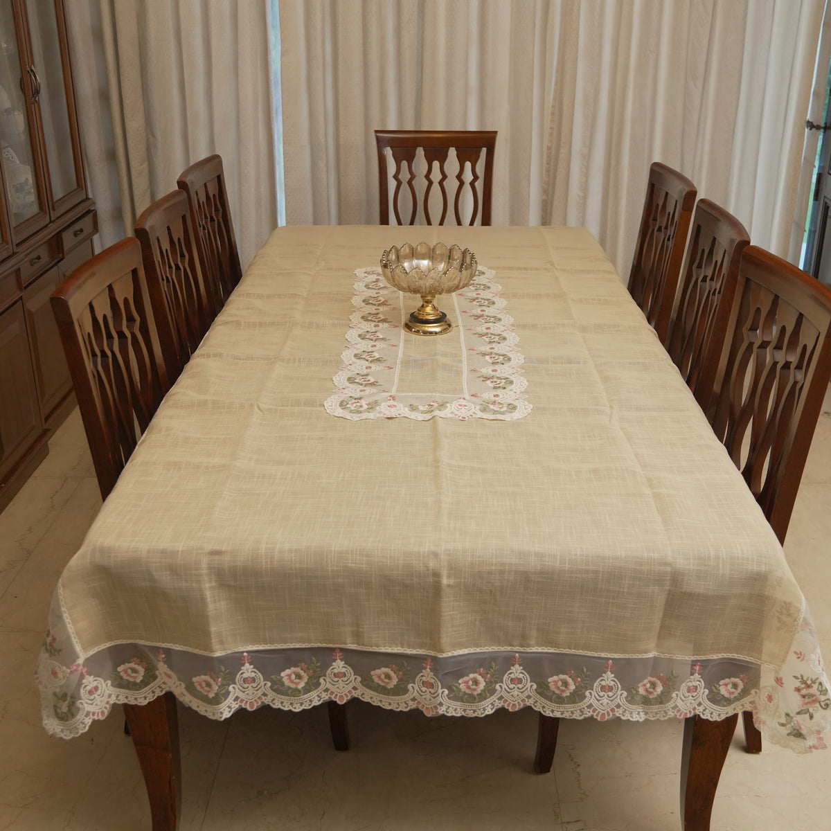 Pink Rose Embroidered Organza Border Table Sheet (10 Seater)