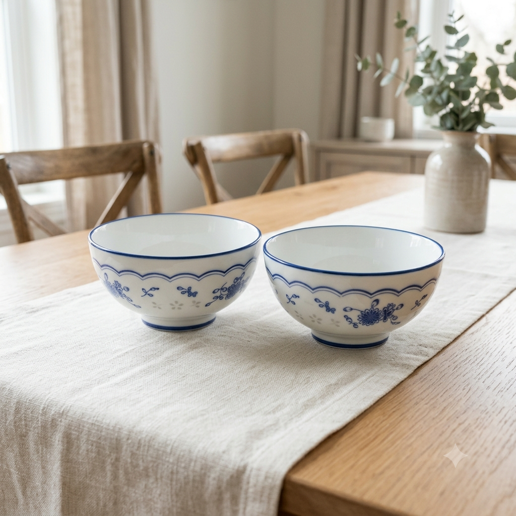 Blue Sprig Scalloped Ceramic Rice Bowl Set of 2