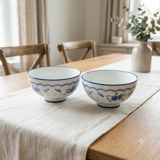 Blue Sprig Scalloped Ceramic Rice Bowl Set of 2