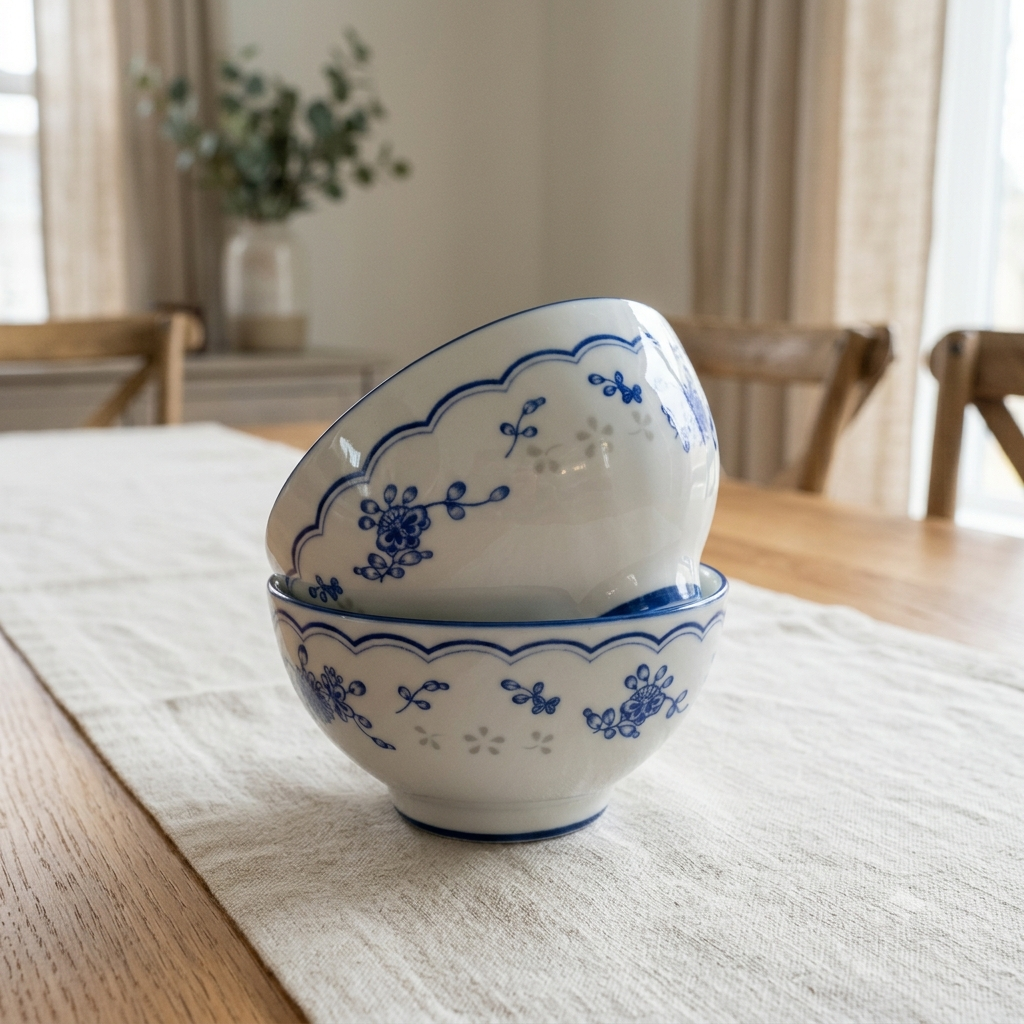 Blue Sprig Scalloped Ceramic Serving Bowl Set of 2