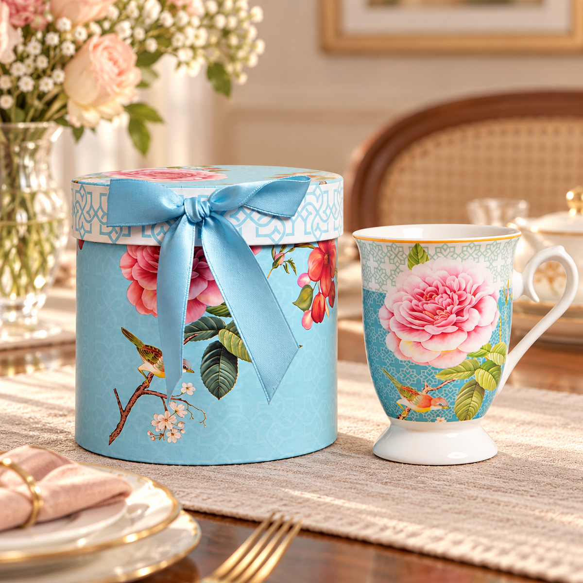 Aqua Rose Ceramic Mug with Round Gift Box