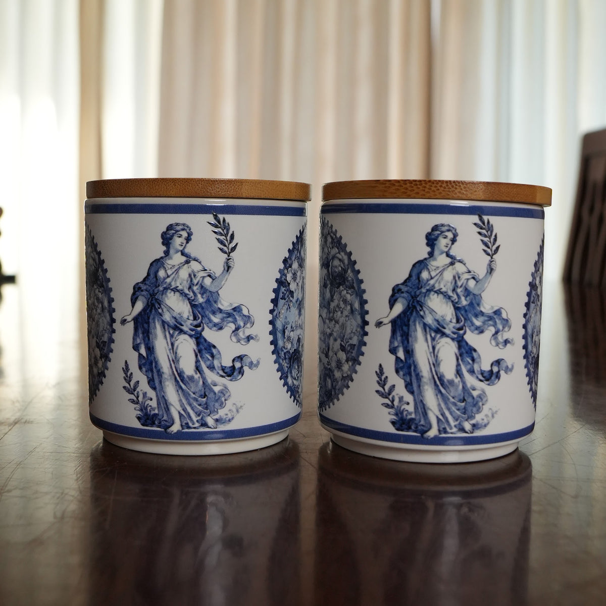 Blue Toile Ceramic Storage Jar with Bamboo Lid (Set of 2)
