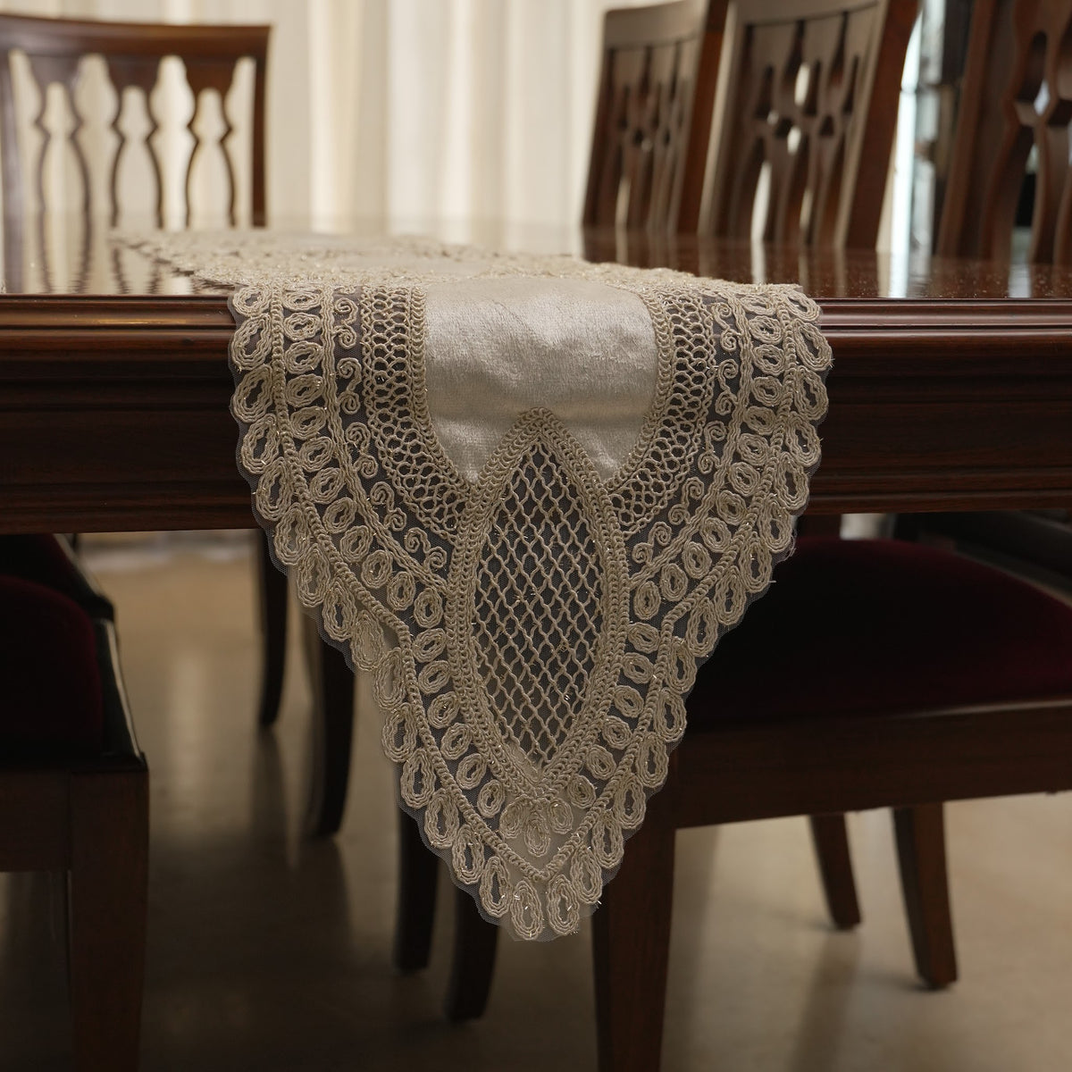 Ivory Satin Heart Lattice Lace Table Runner (Long)