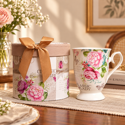 Classic Lady Floral Ceramic Mug with Round Gift Box