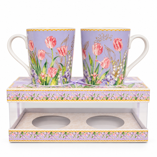 Lilac Tulip Ceramic Mug Set of 2 with Clear Gift Box