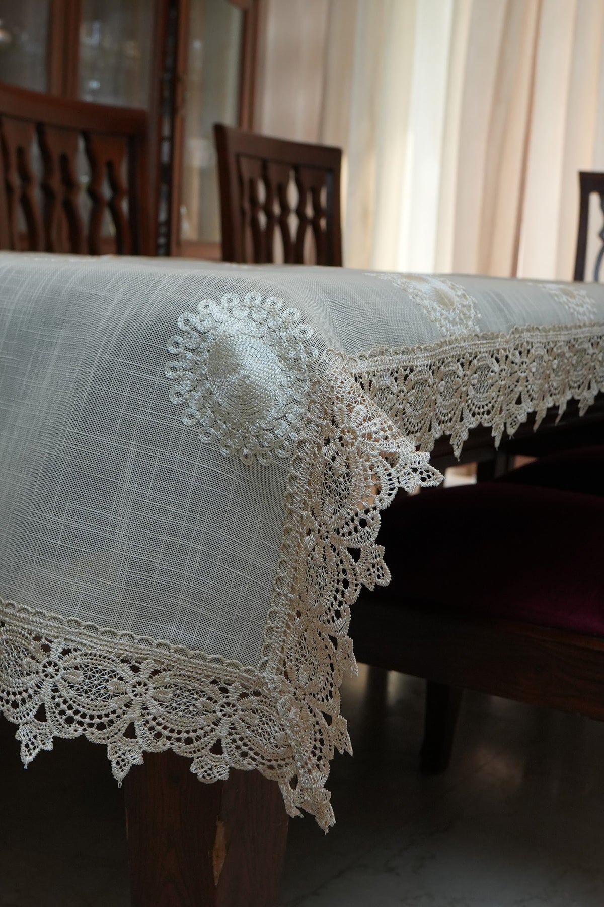 Grey Linen Table Sheet with Cream Medallion Embroidery & Lace Border (6 Seater)