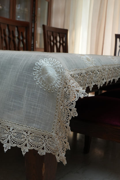 Grey Linen Table Sheet with Cream Medallion Embroidery & Lace Border (6 Seater)