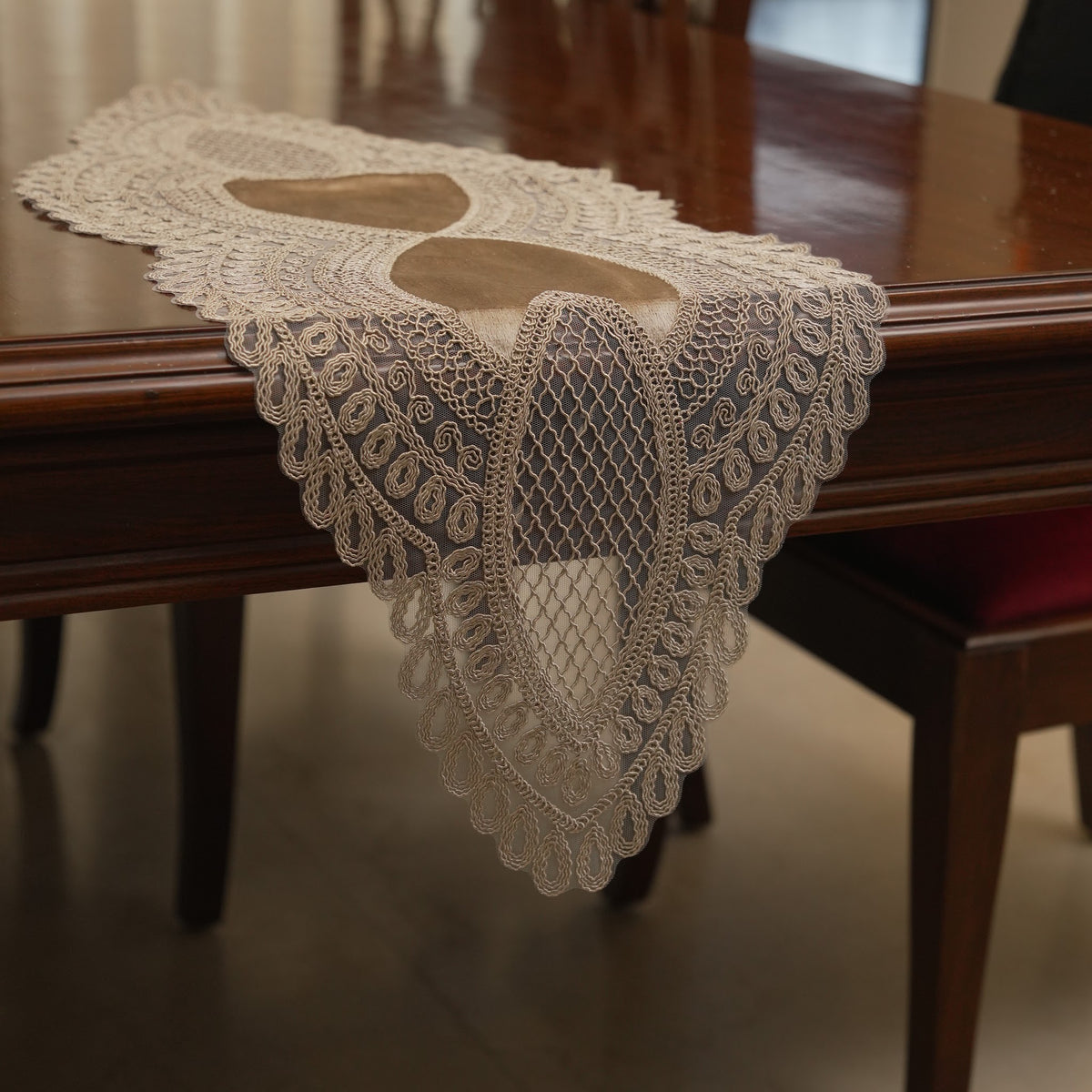 Taupe Satin Heart Lattice Lace Table Runner (Small)