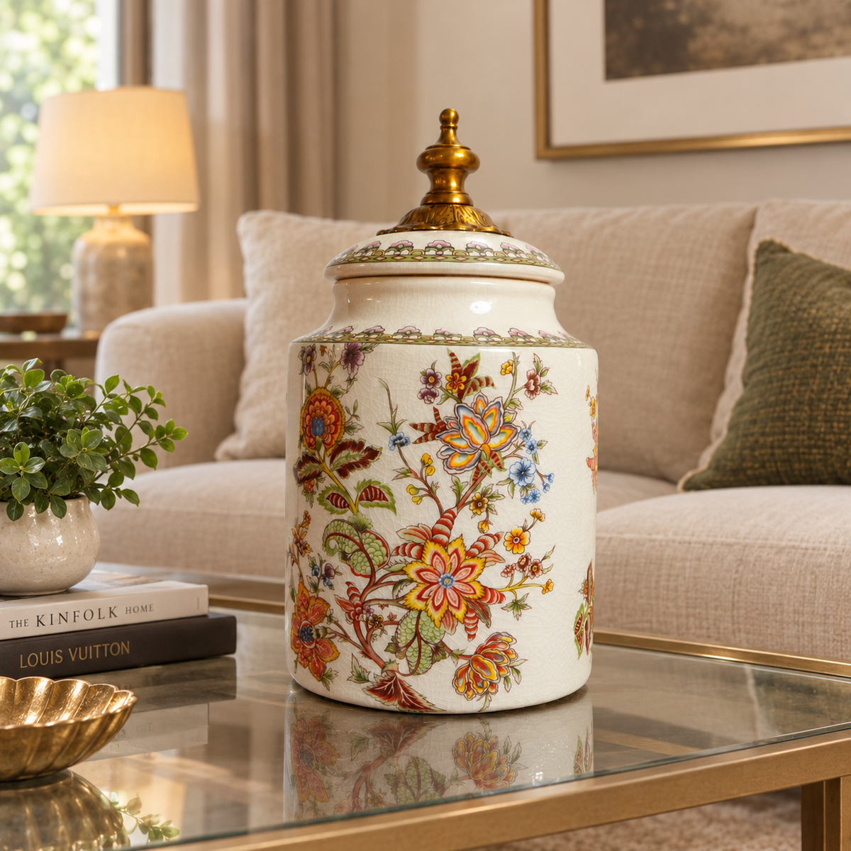 Ivory Jacobean Floral Ceramic Canister with Brass Finial Lid