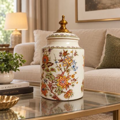 Ivory Jacobean Floral Ceramic Canister with Brass Finial Lid