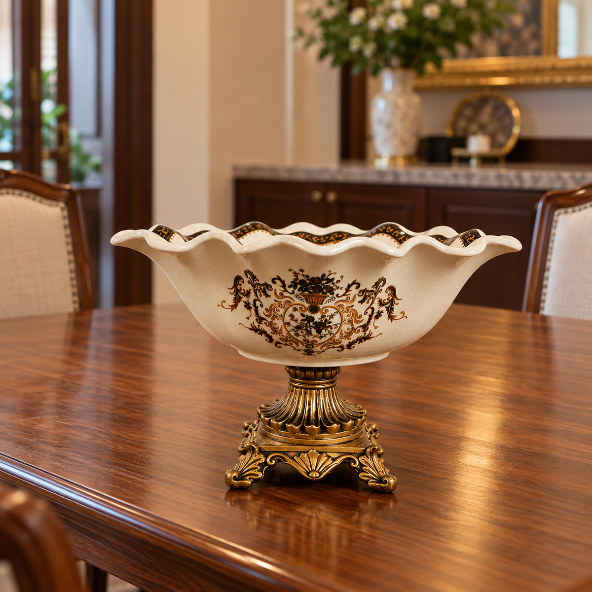 Ivory Baroque Ceramic Fluted Centerpiece Bowl with Gold Pedestal
