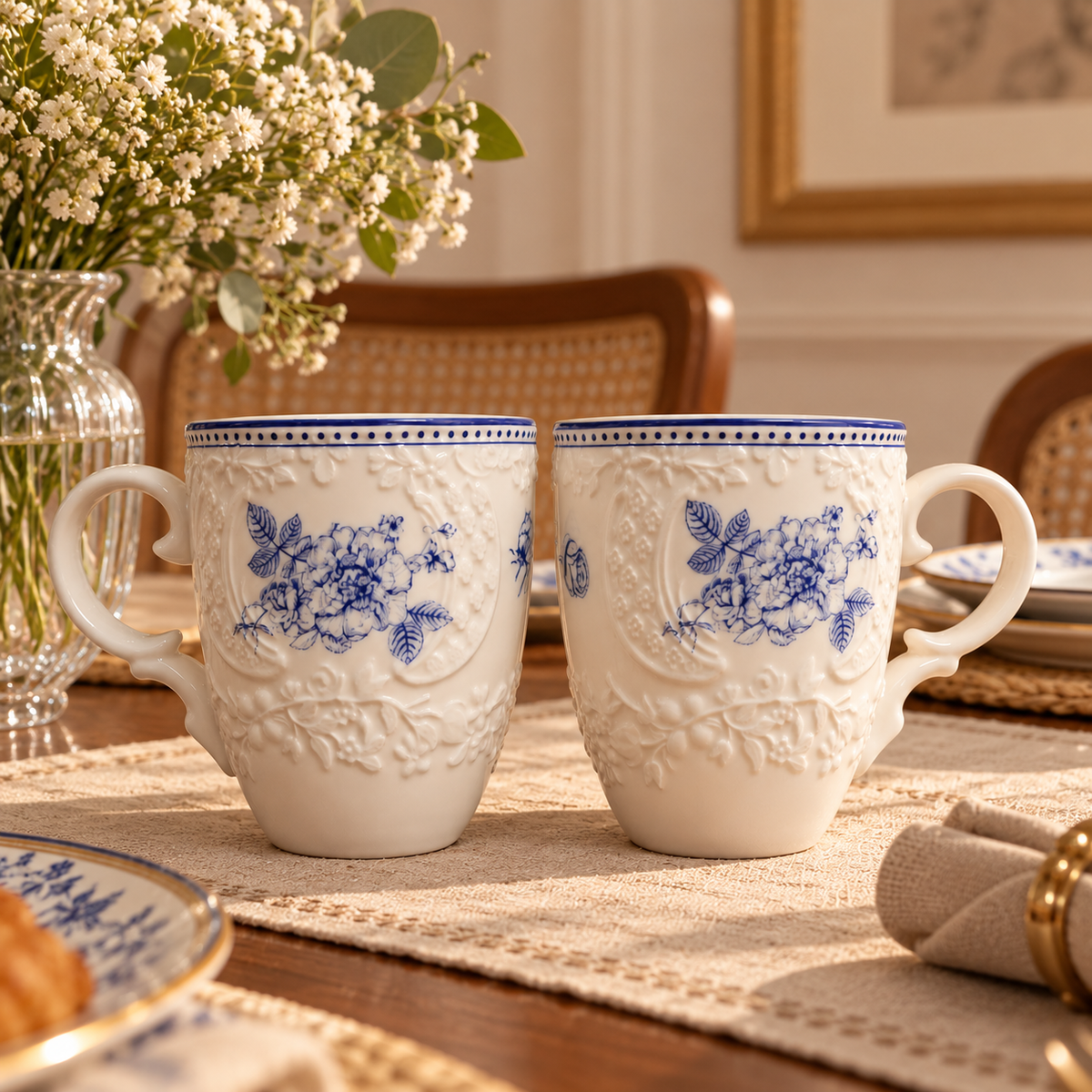 Delft Rose Embossed Ceramic Mug (Set of 2)