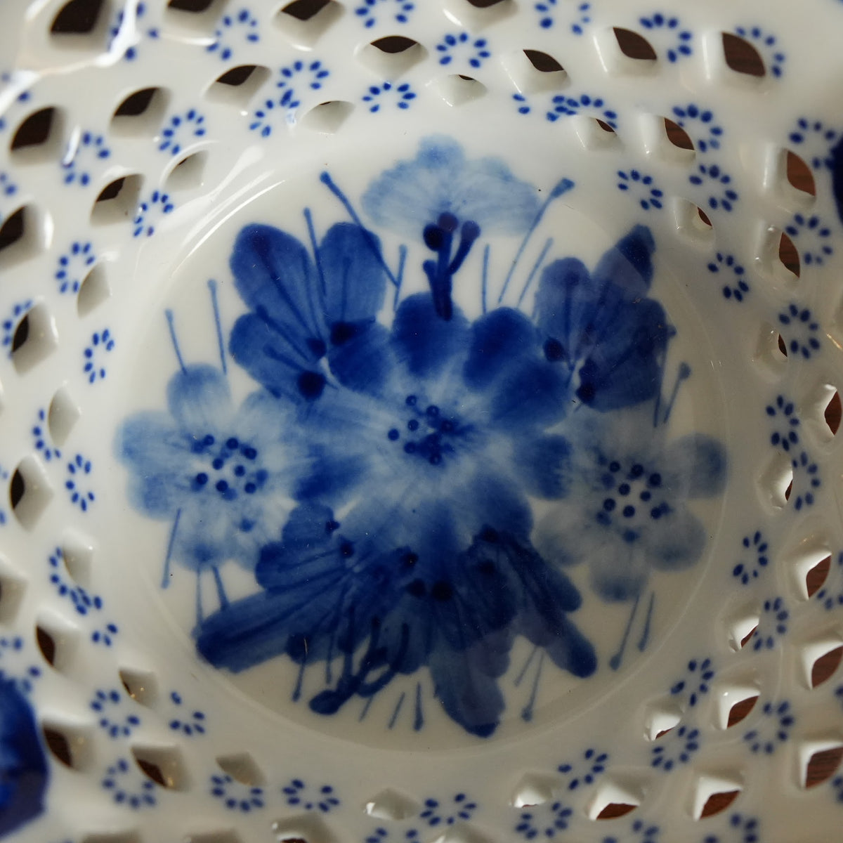 Cobalt Blue Floral Pierced Ceramic Basket with Handles