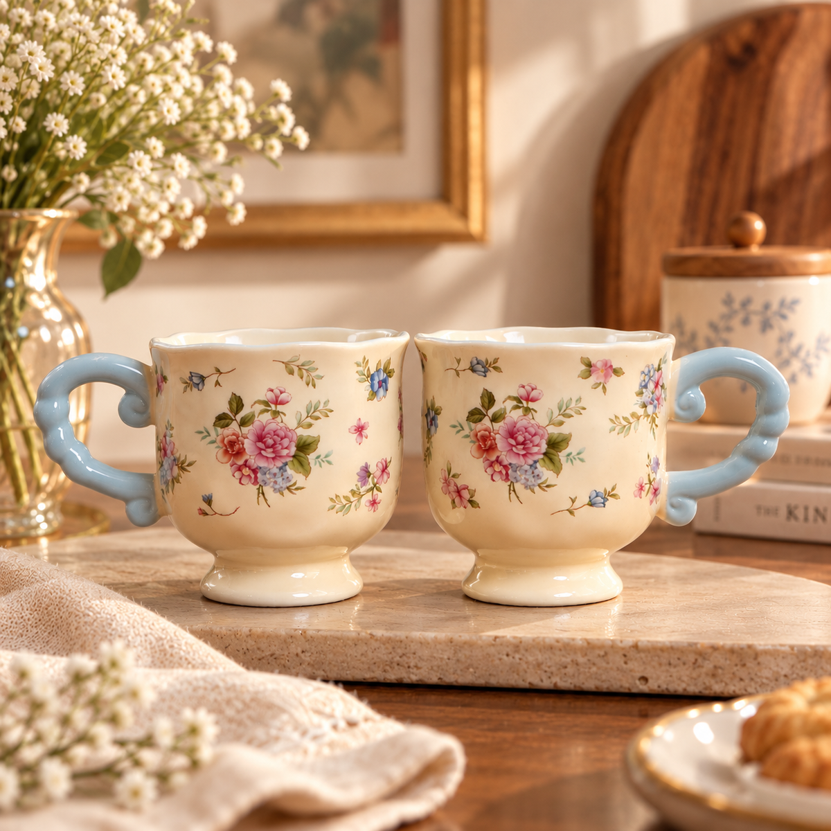 Cottage Bloom Ceramic Mug with Blue Twisted Handle (Set of 2)