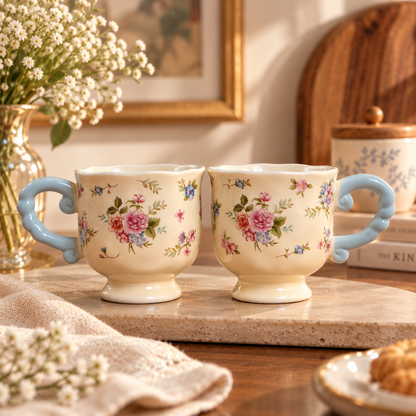 Cottage Bloom Ceramic Mug with Blue Twisted Handle (Set of 2)