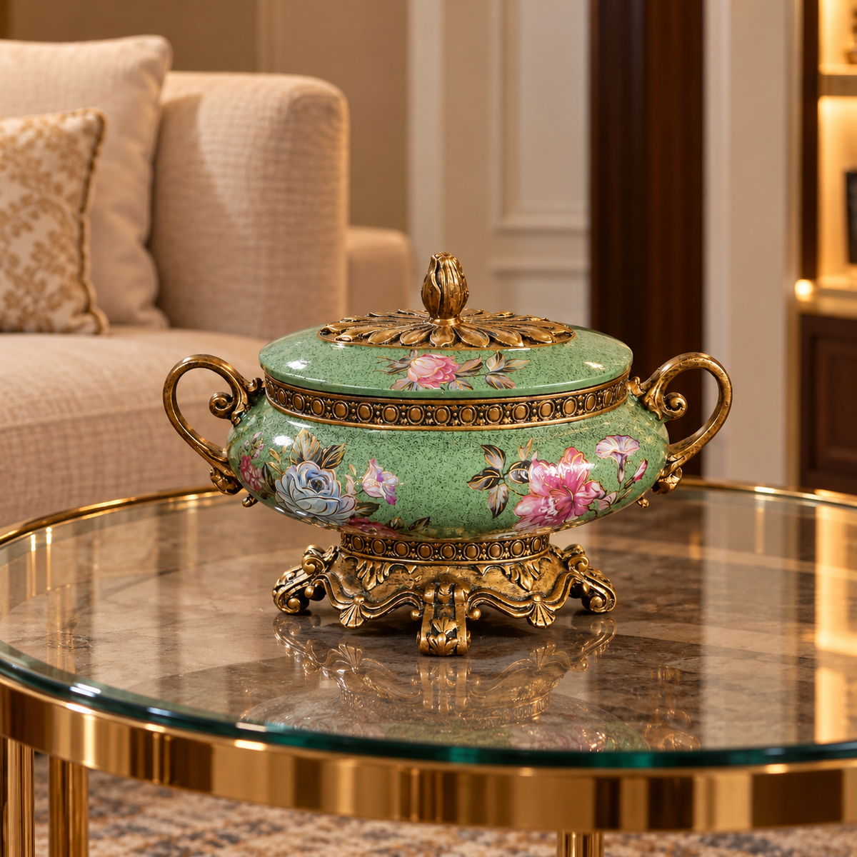 Sage Green Rose Ceramic Lidded Bowl with Gold Handles & Ornate Base