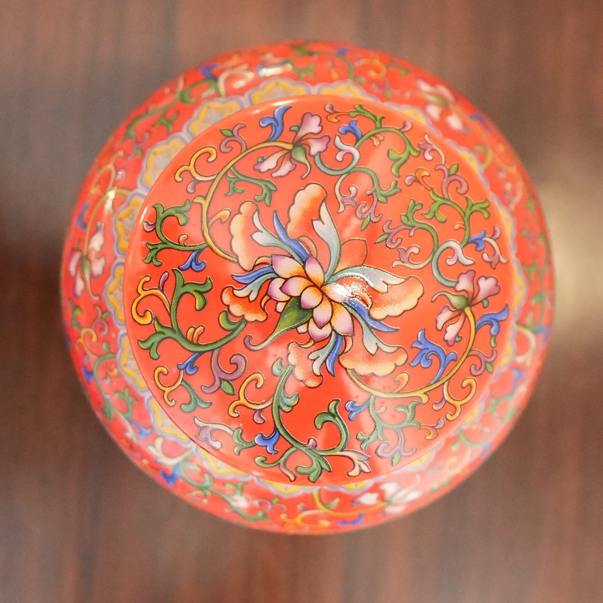 Coral Red Enamel Lotus Ceramic Lidded Jar